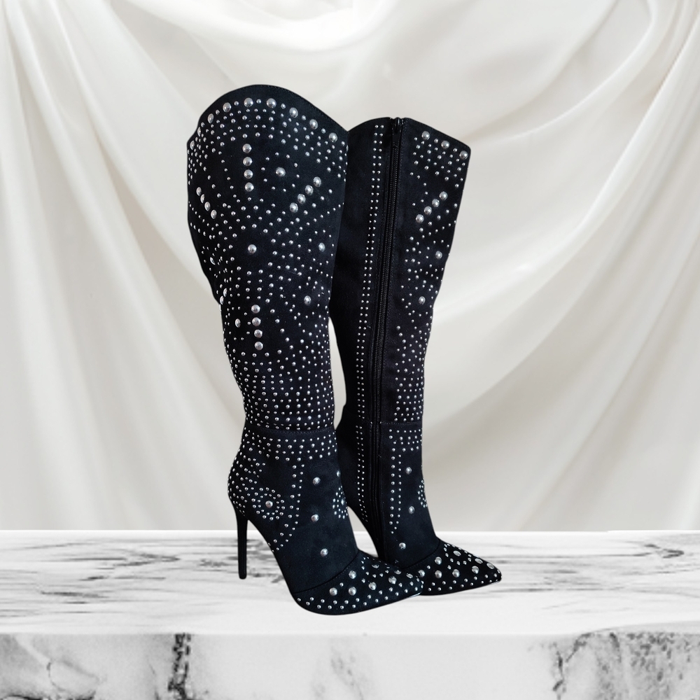 Over the Knee Boots Black with Studs Scene Women's Size 6 - Picture 5 of 8
